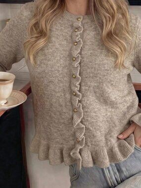 Khaki Casual Women's Ruffle Trim Knit Cardigan